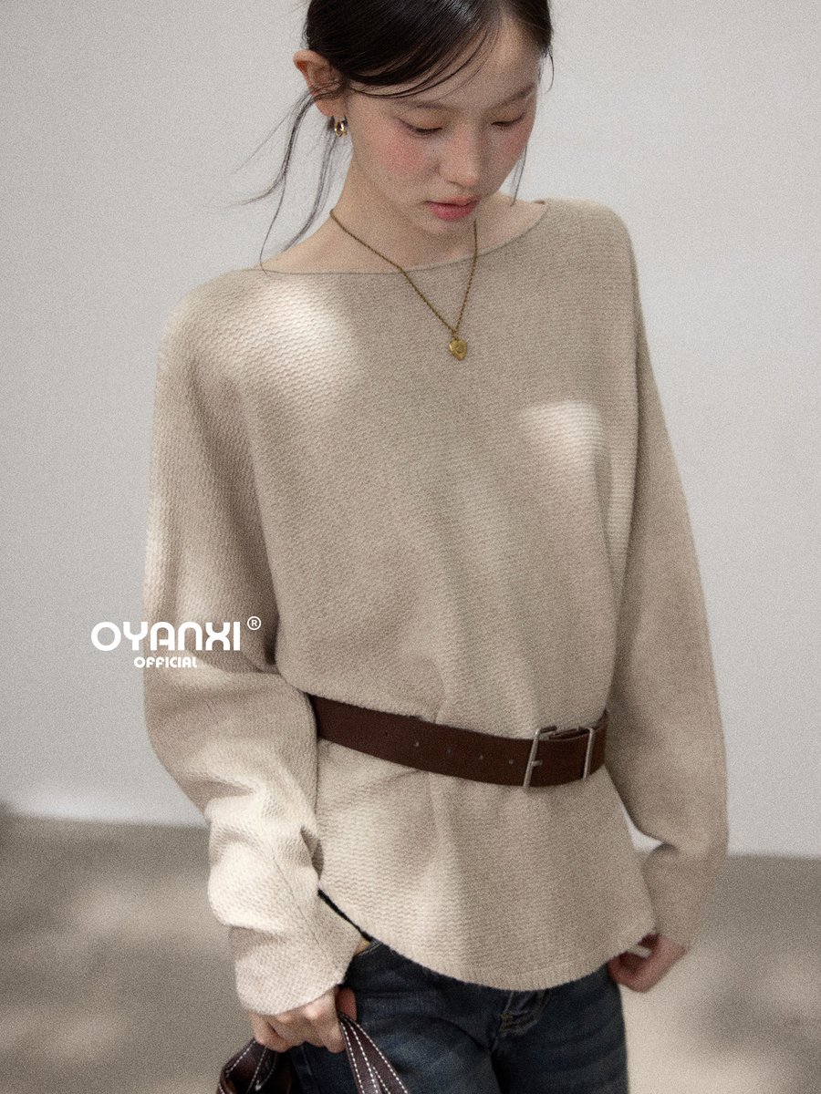 OYANXI ボートネック ベルト付き 長袖ニットトップス