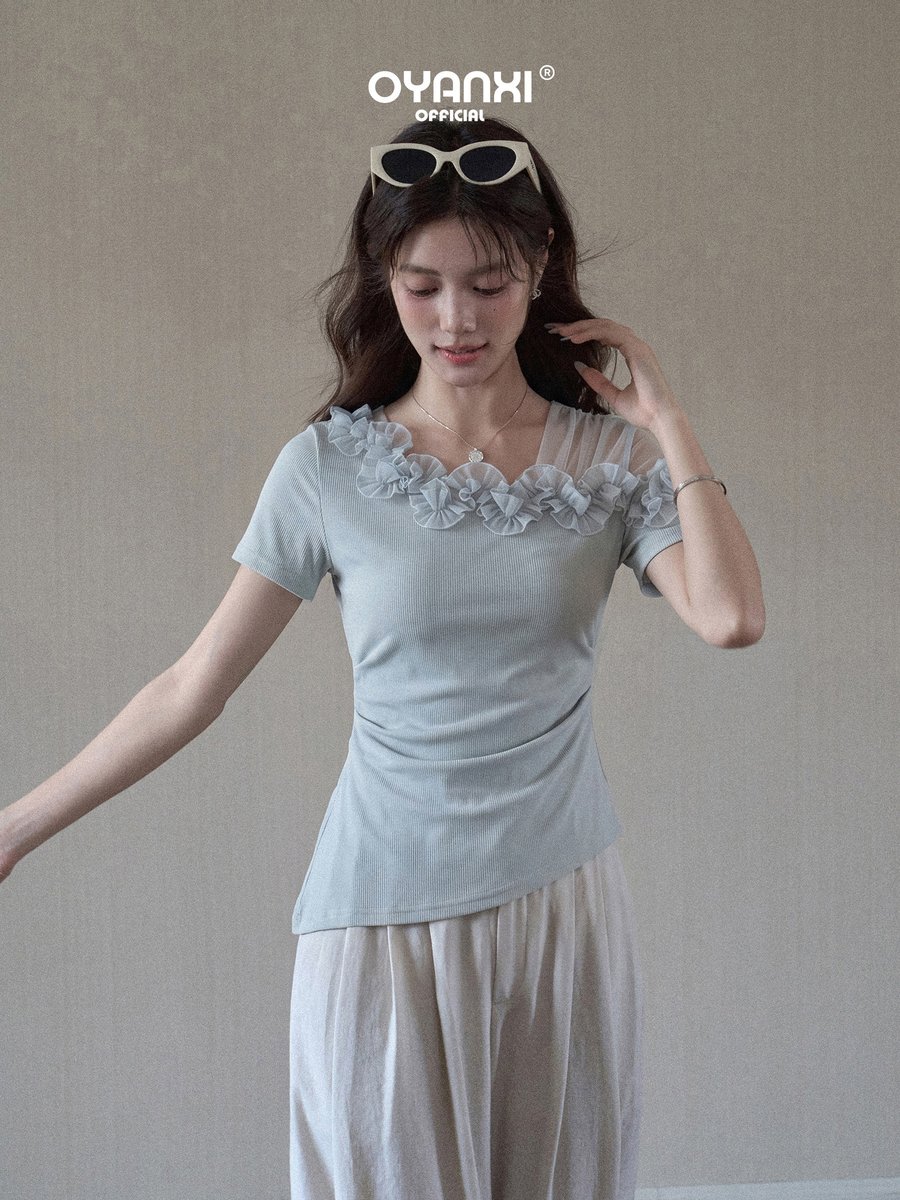 OYANXI レーストリム オフショルダー 半袖Tシャツ