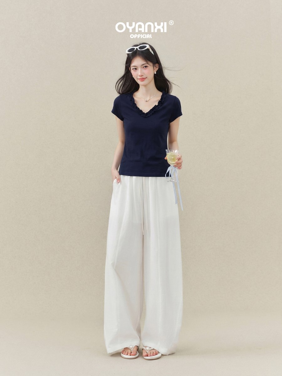OYANXI フリルトリム Vネック スリム 半袖Tシャツ