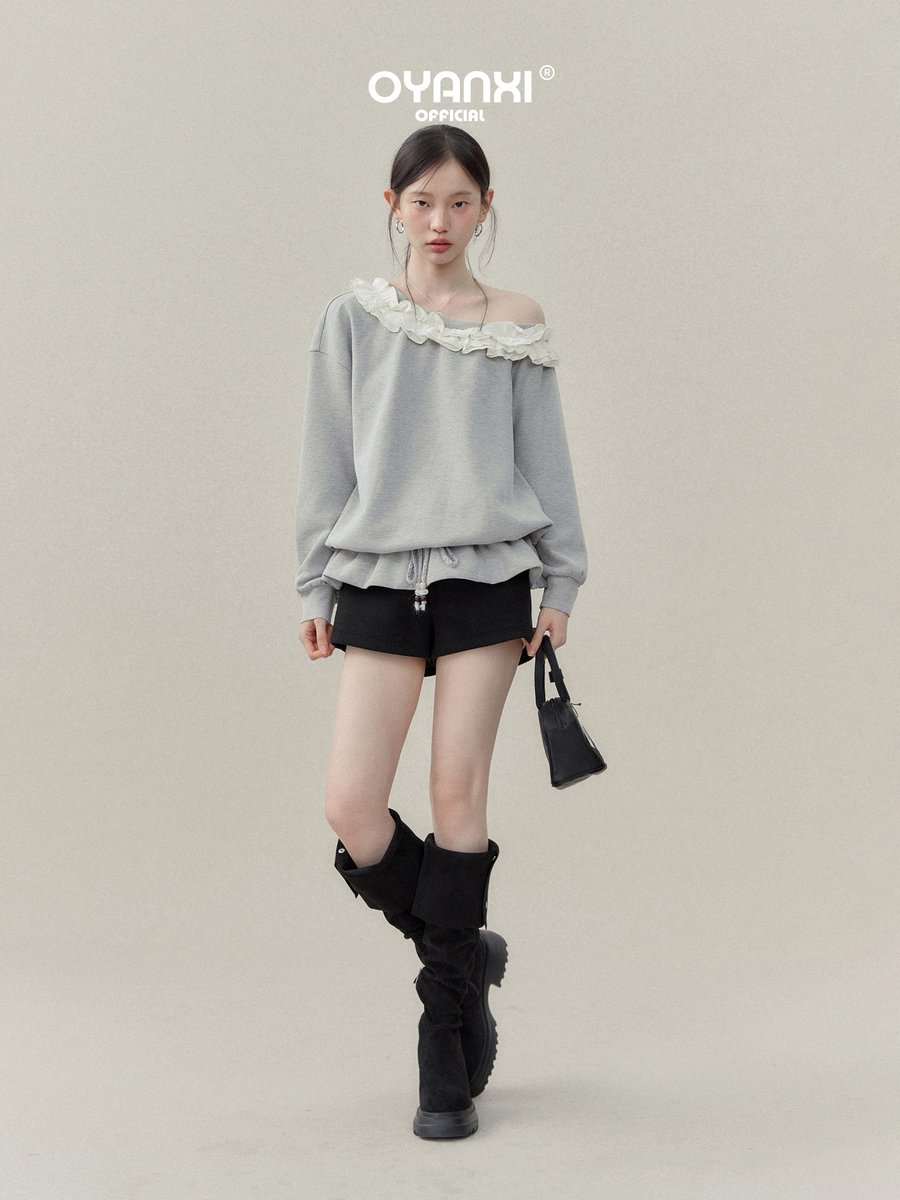 OYANXI アシンメトリーネック フリル ゆったりスウェット