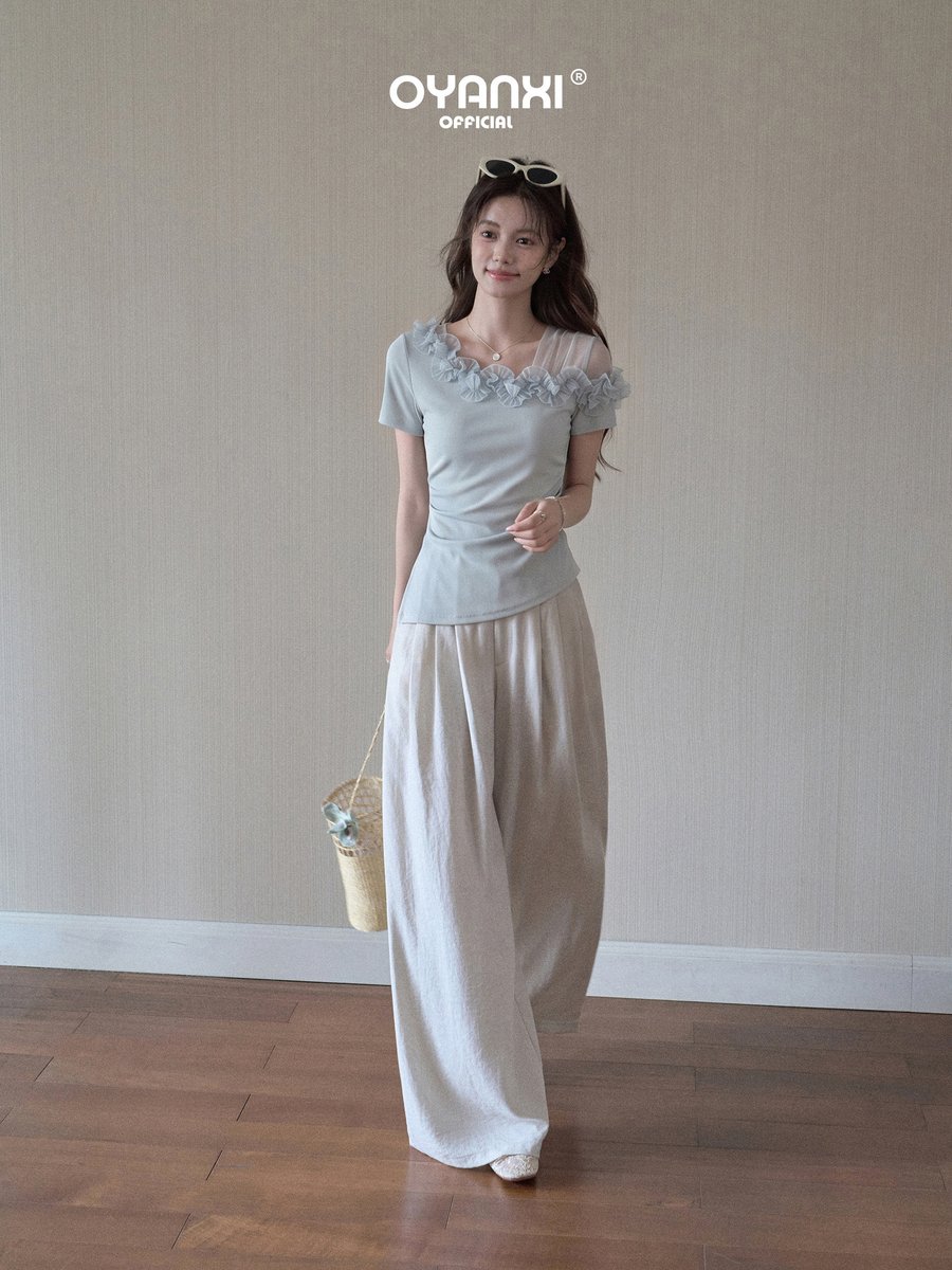 OYANXI レーストリム オフショルダー 半袖Tシャツ