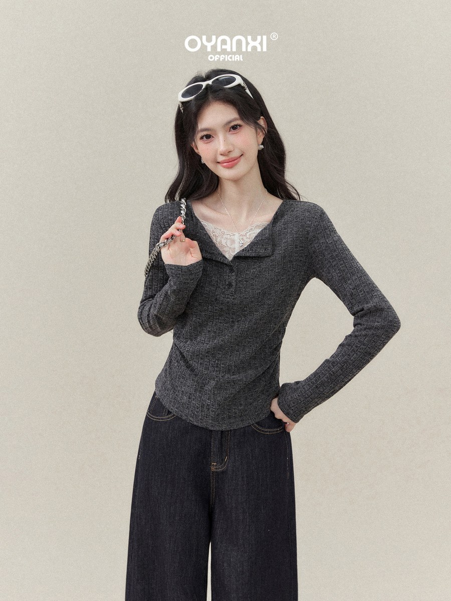 OYANXI レーストリム Vネック フェイクレイヤードTシャツ