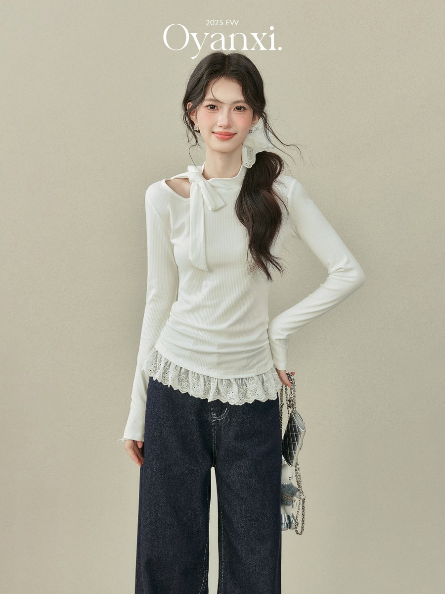 OYANXI リボン レース 長袖Tシャツ ホワイト