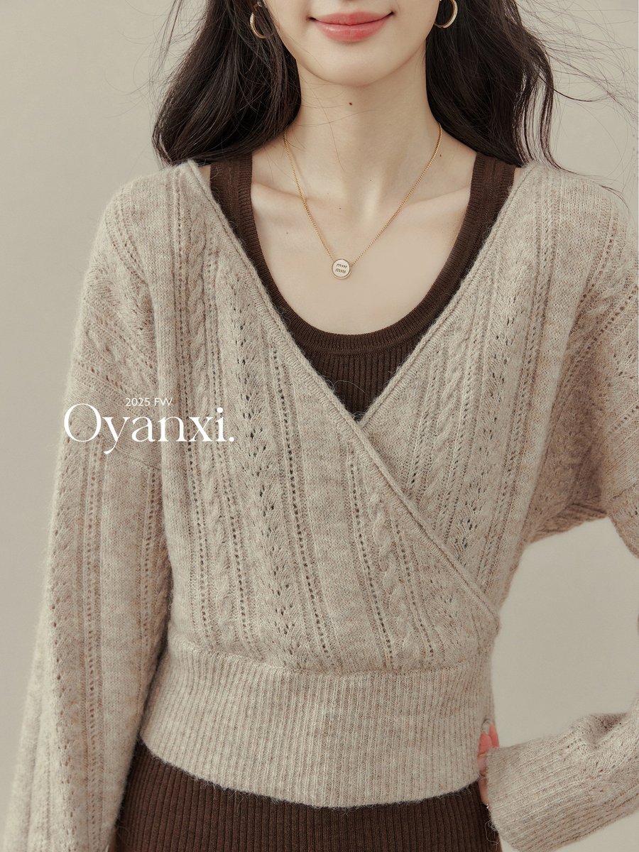 OYANXI クロシェ Vネック ニットトップス 2点セット