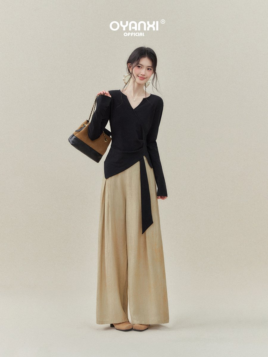 OYANXI アシンメトリーヘム Vネック 長袖Tシャツ