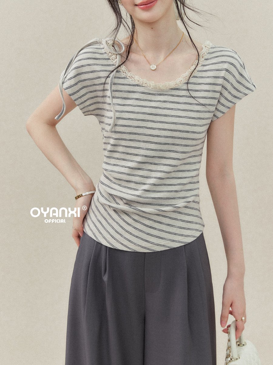 OYANXI ストライプ レーストリム クルーネック 半袖Tシャツ