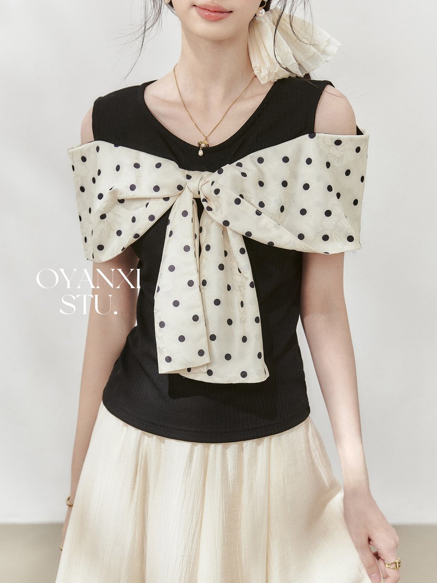 OYANXI リボン切り替え オフショルダー 半袖Tシャツ