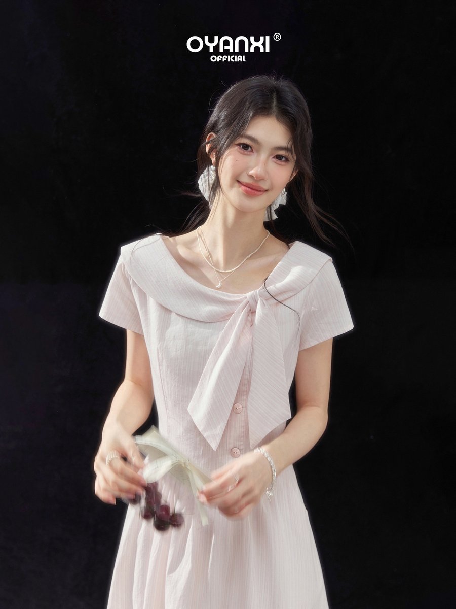 OYANXI ビッグカラー リボン 半袖ロングワンピース