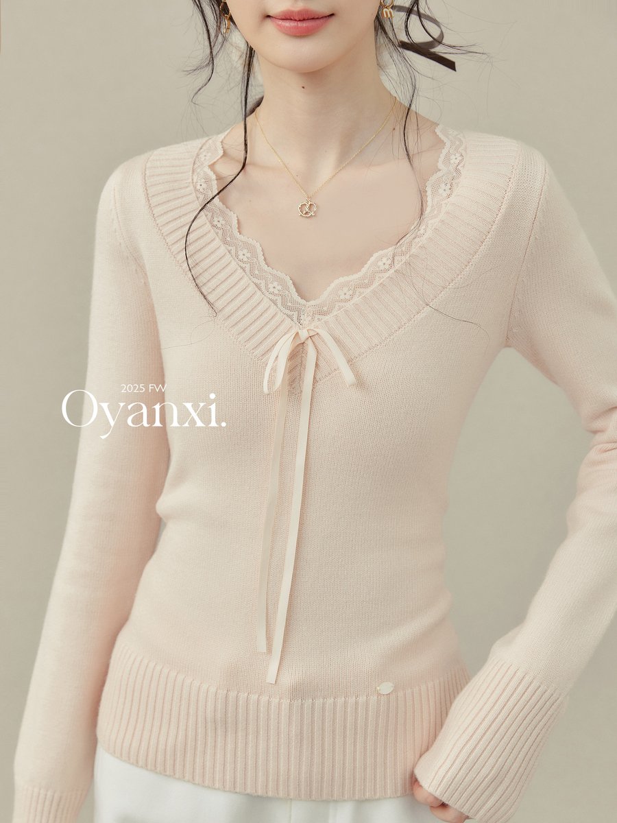 OYANXI リボンタイ Vネック ニットトップス