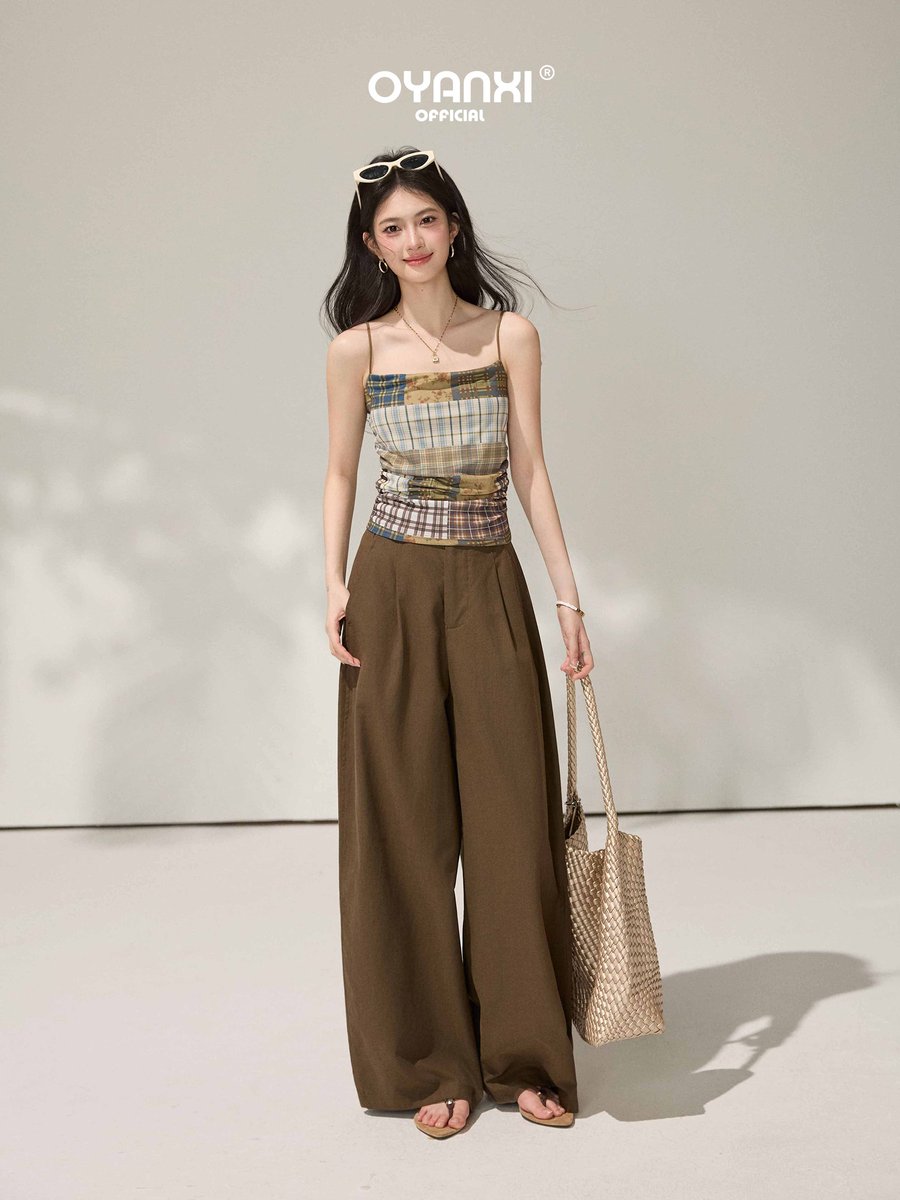 OYANXI チェック柄 メッシュ プリント ショート丈キャミソール