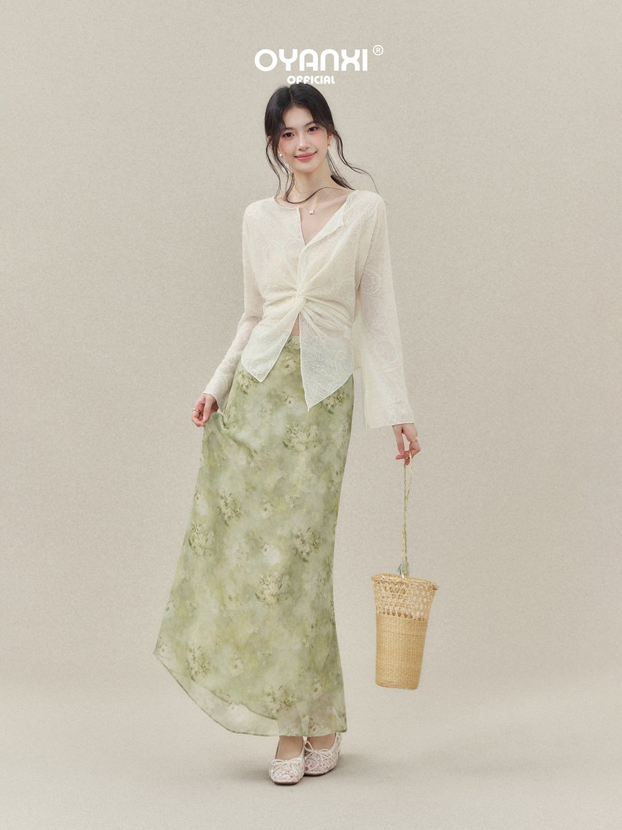 OYANXI レース Vネック フレアスリーブ 長袖Tシャツ