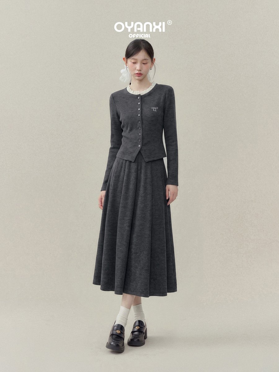 OYANXI レイヤード風 ニットカーディガン×ハイウエストAラインスカート 2点セット
