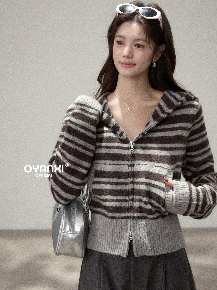 OYANXI ストライプ フード付き ゆったり ニットカーディガン