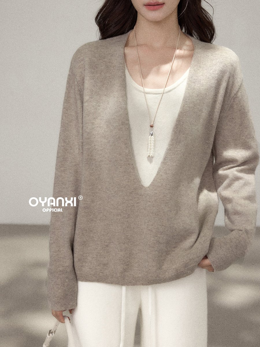 OYANXI Vネック フェイクレイヤード ゆったり 長袖セーター