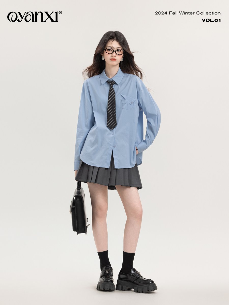 OYANXI シンプル 長袖シャツ ブルー