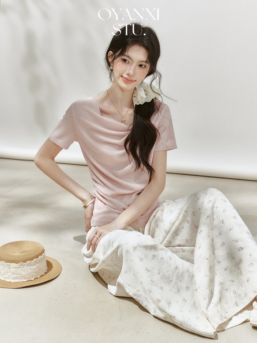 OYANXI ギャザー アシンメトリーネック 半袖Tシャツ ピンク