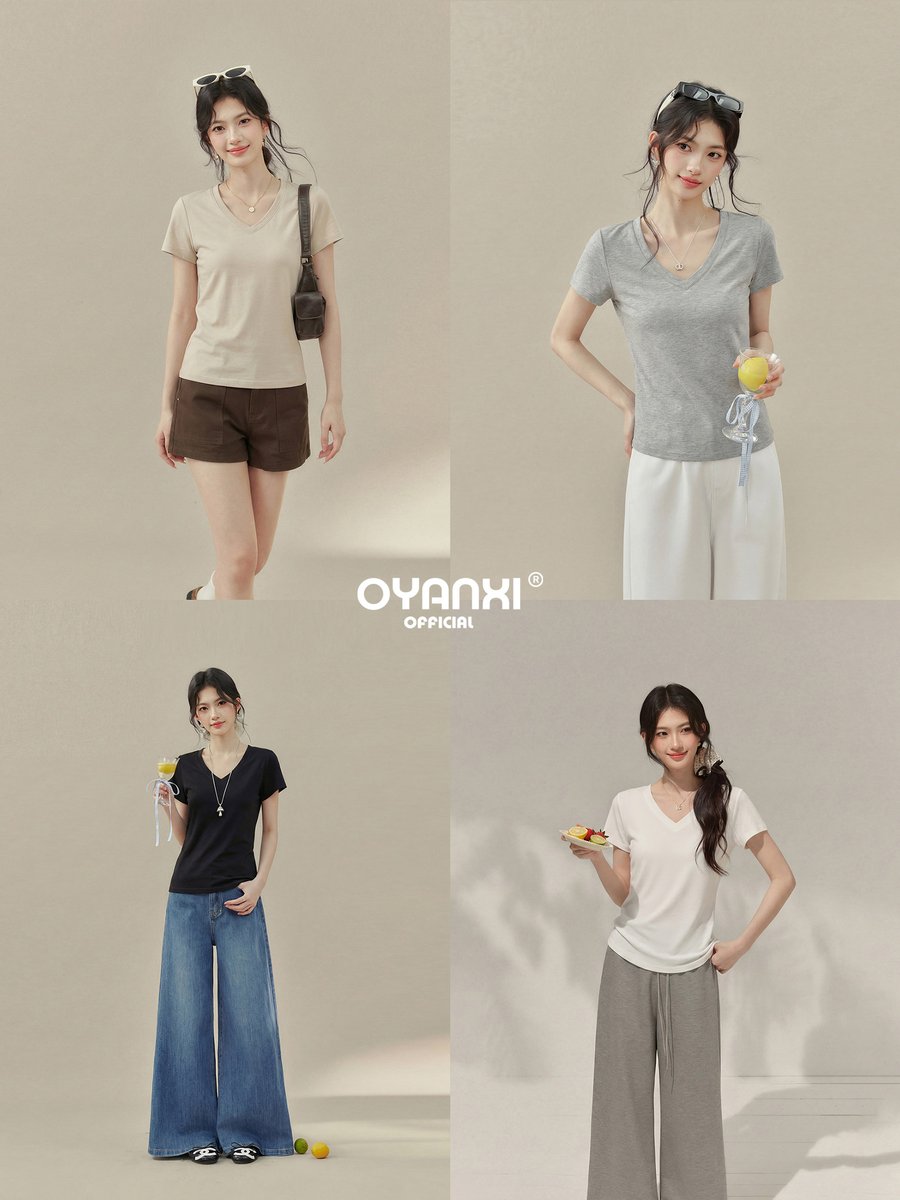 OYANXI Vネック フィット 半袖Tシャツ