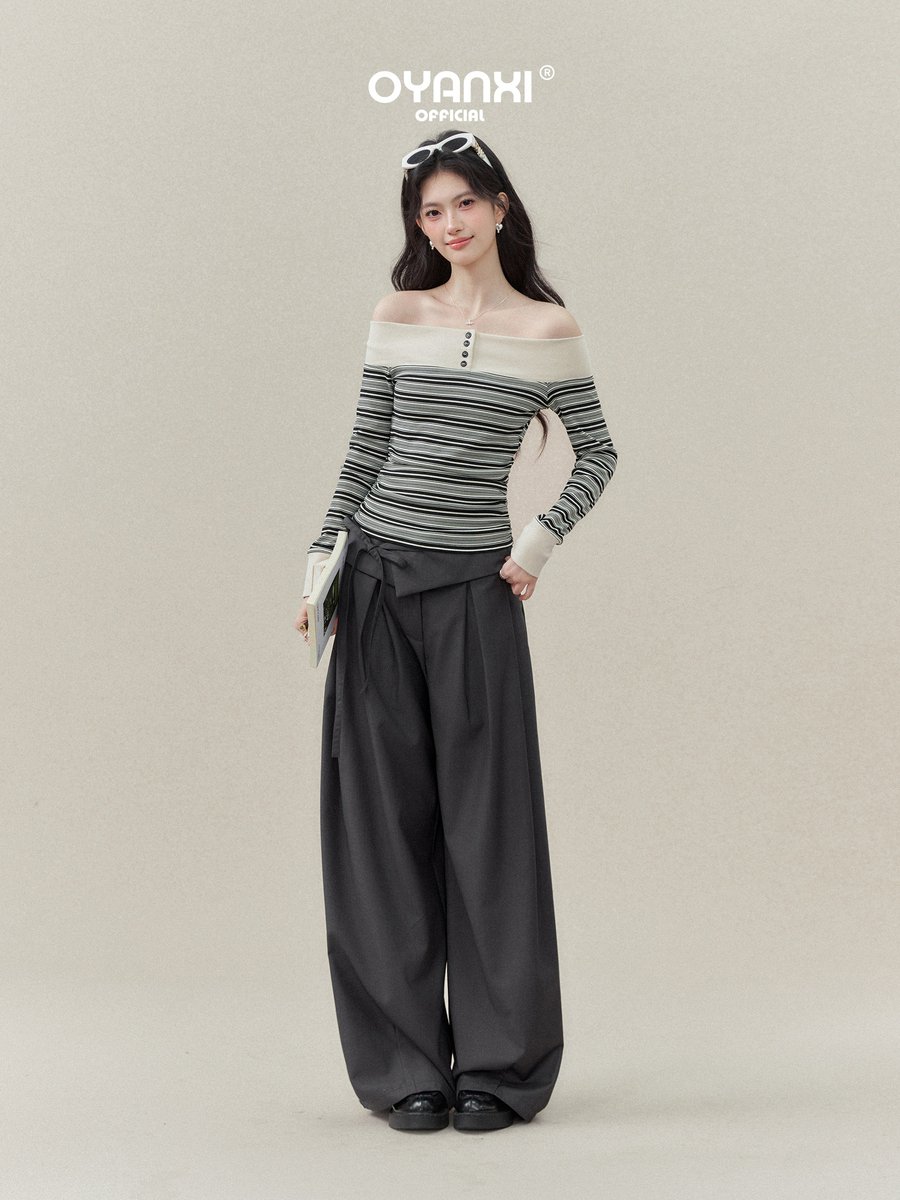OYANXI 配色ネック ボーダー オフショルダー 長袖Tシャツ