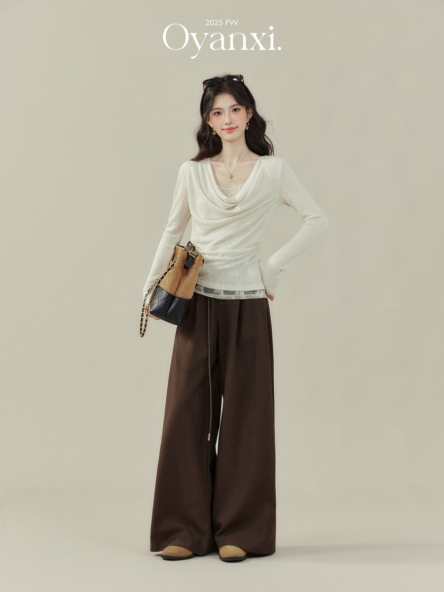 OYANXI リボン ハイウエスト ストレートパンツ