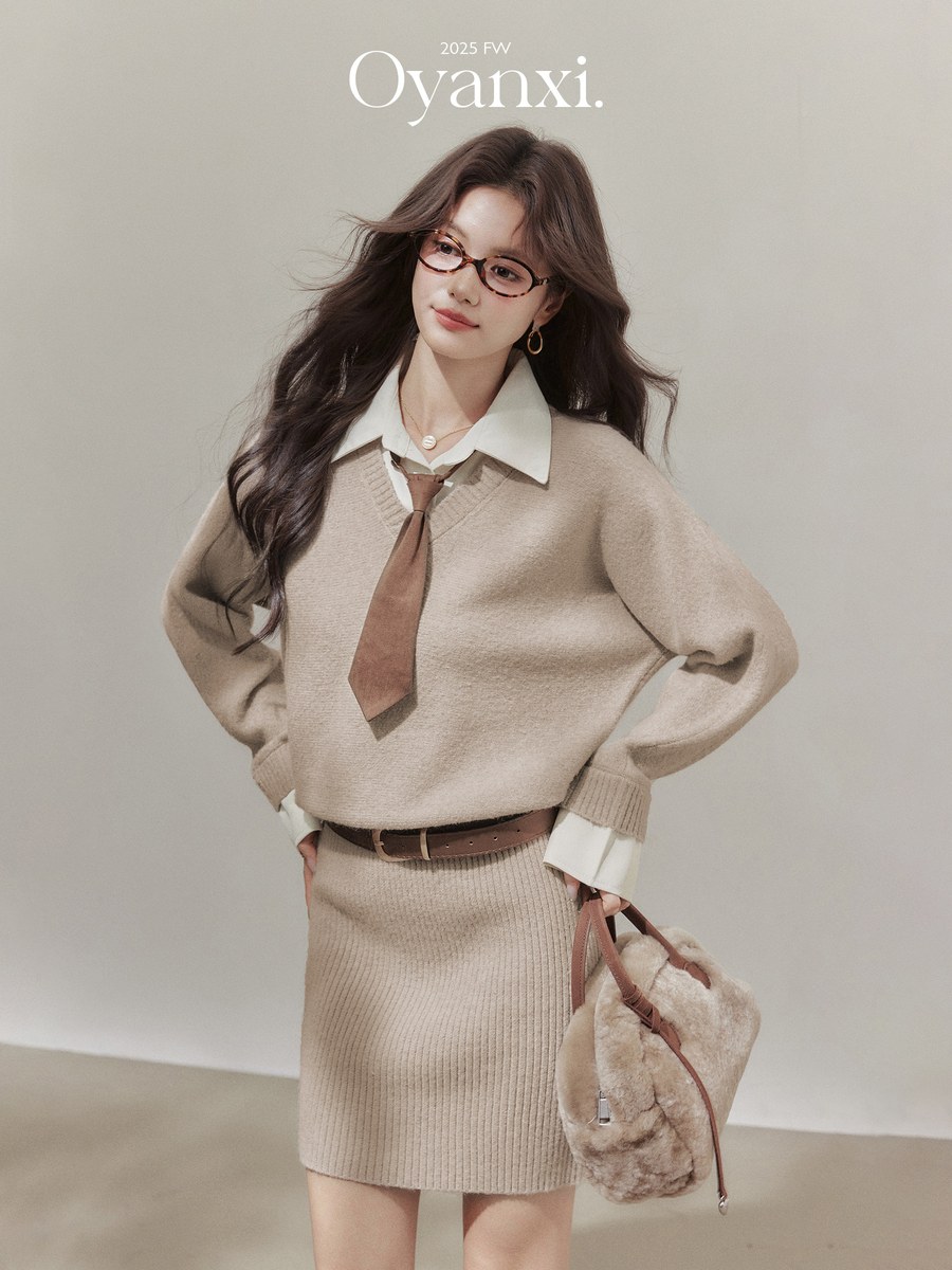 OYANXI フェイクレイヤード シャツカラー ニットワンピース
