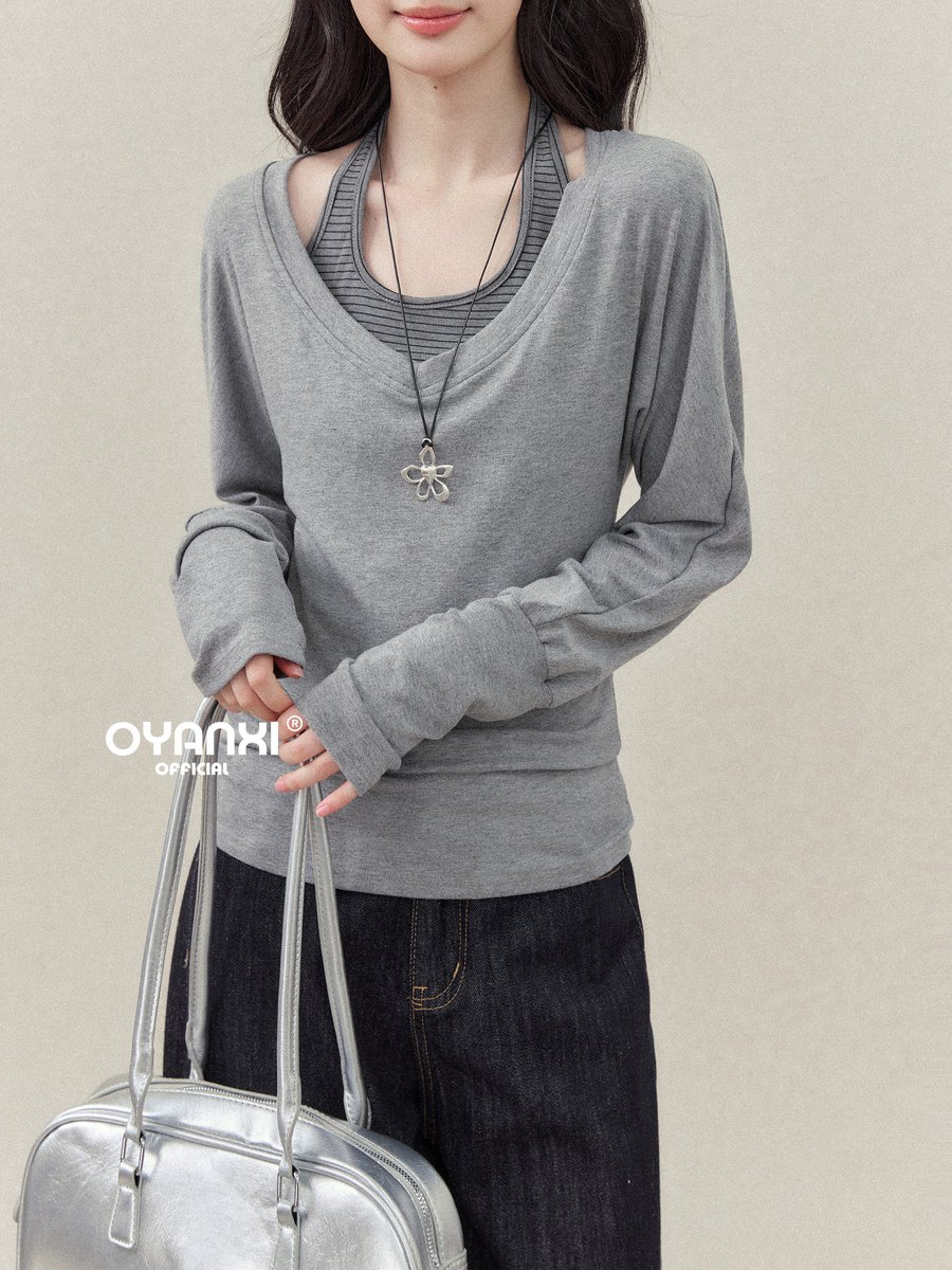 OYANXI ボーダー ホルターベスト＆深Vネック 長袖Tシャツ セット