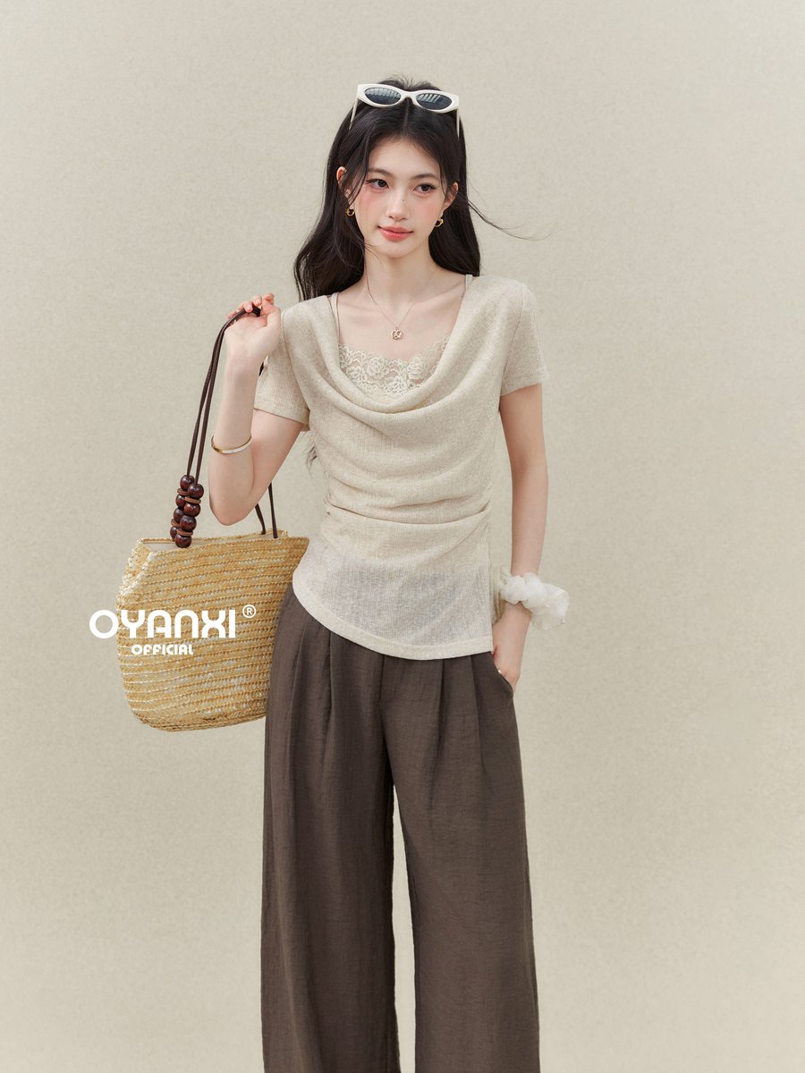OYANXI ハイウエスト ストレート ワイドパンツ