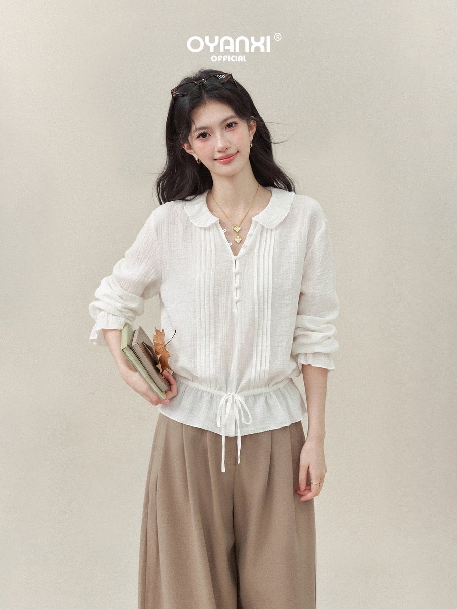 OYANXI ベビーカラー フロントピンタック 長袖シャツ