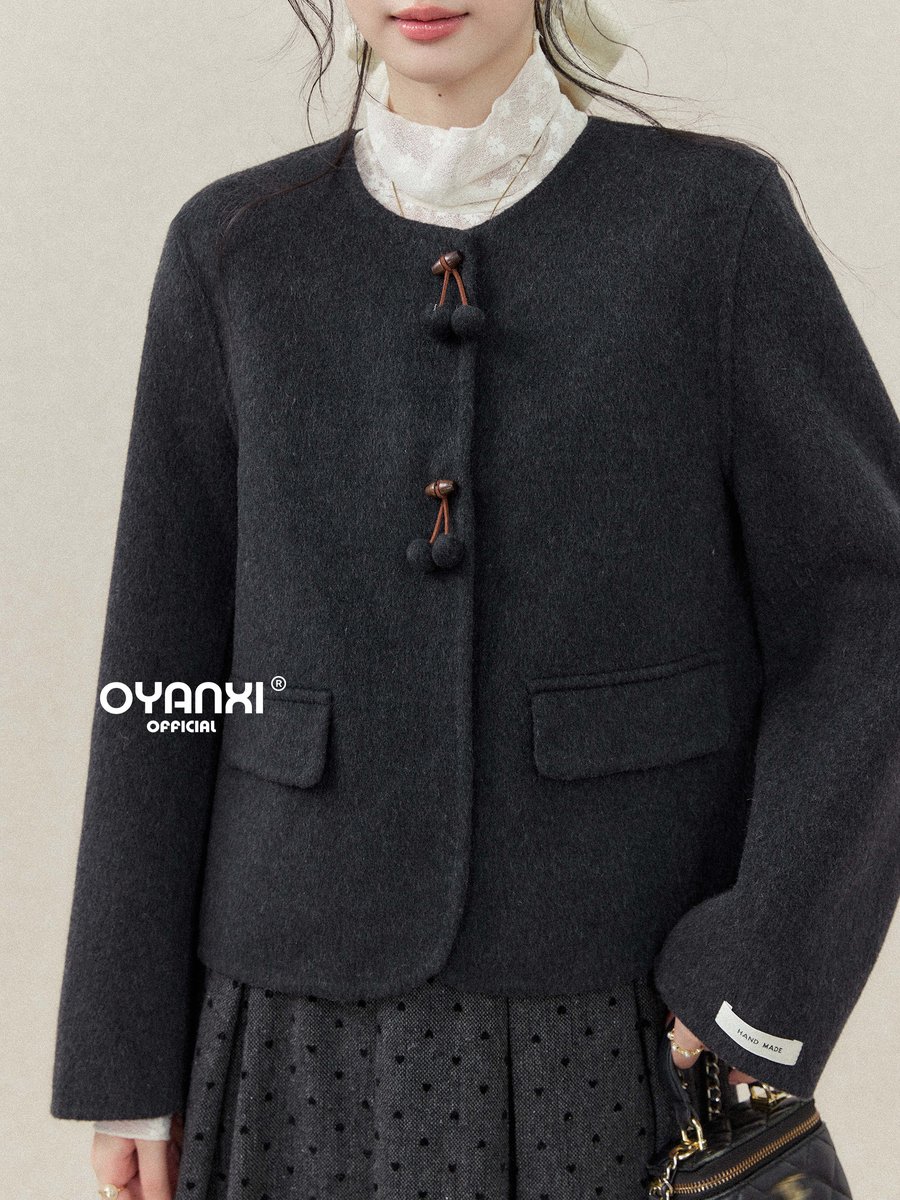 OYANXI クルーネック ポンポンボタン カーディガン風コート
