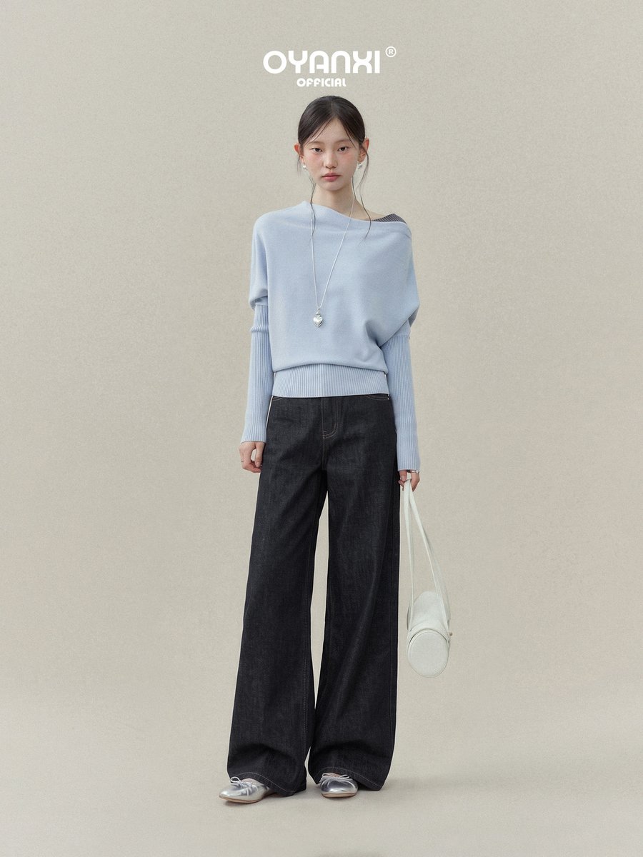 OYANXI アシンメトリーリボン ハイウエスト ワイドデニムパンツ
