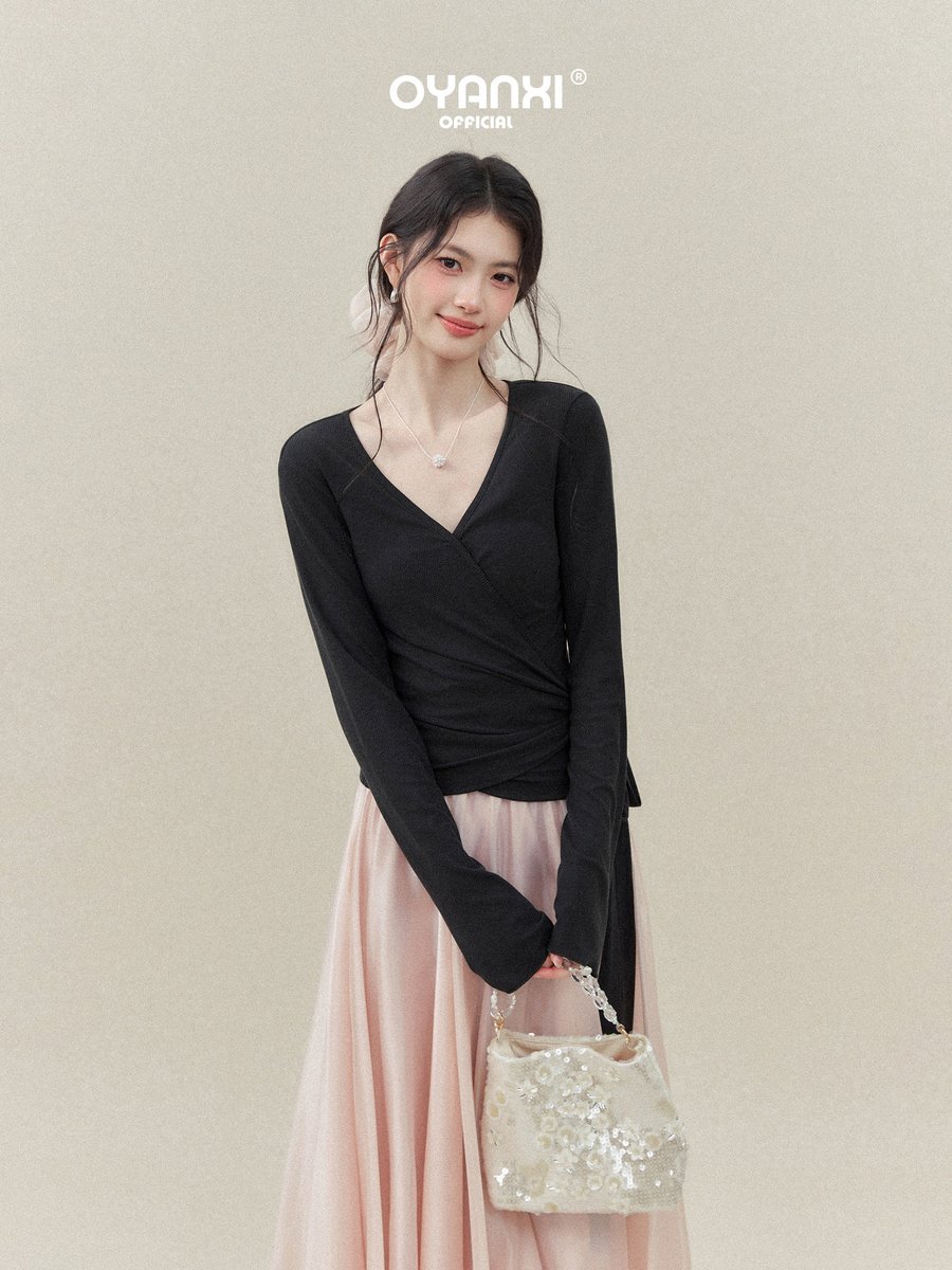 OYANXI Vネック ウエストリボン 長袖Tシャツ