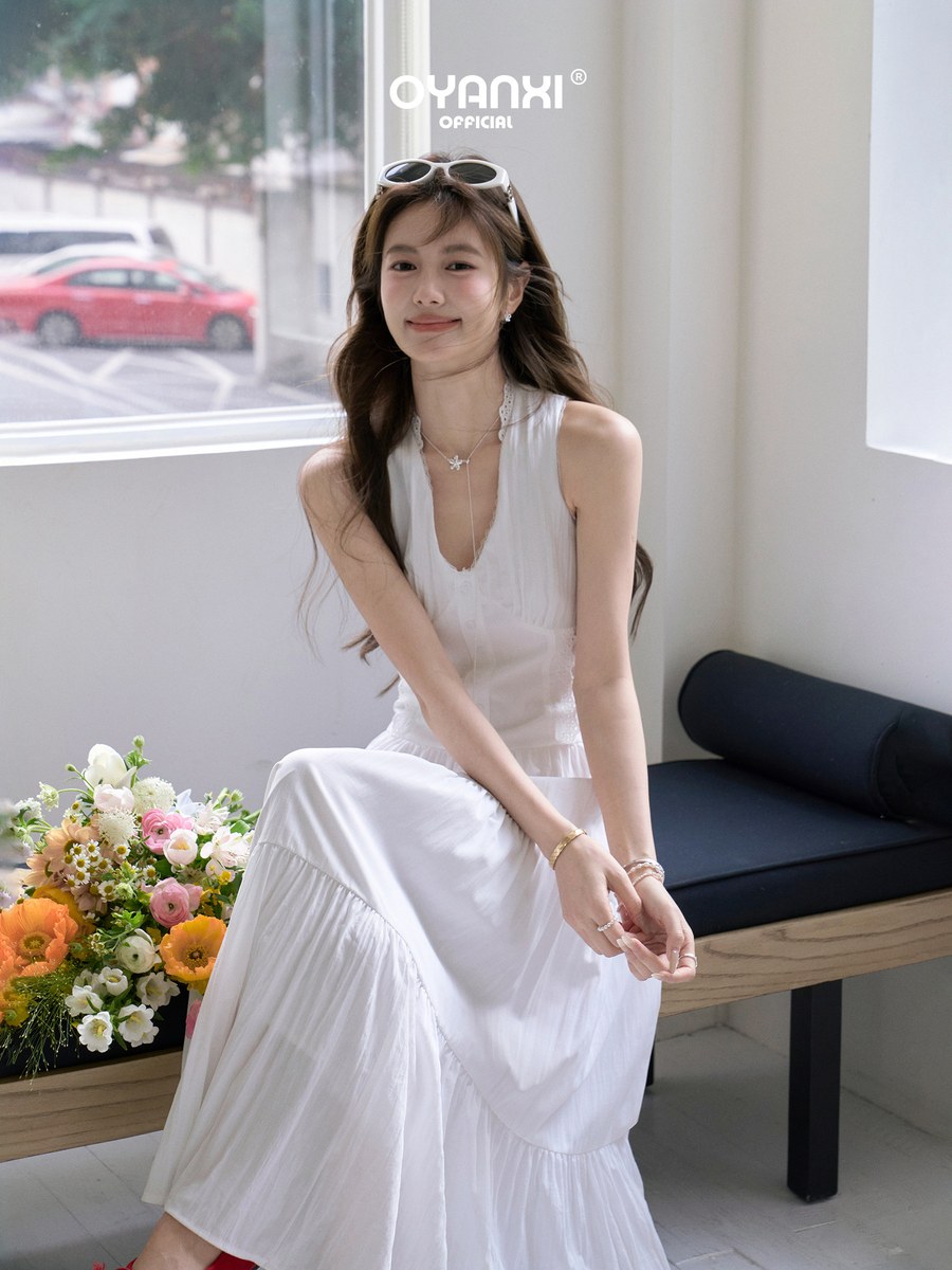 OYANXI Vネック ノースリーブ ロングワンピース