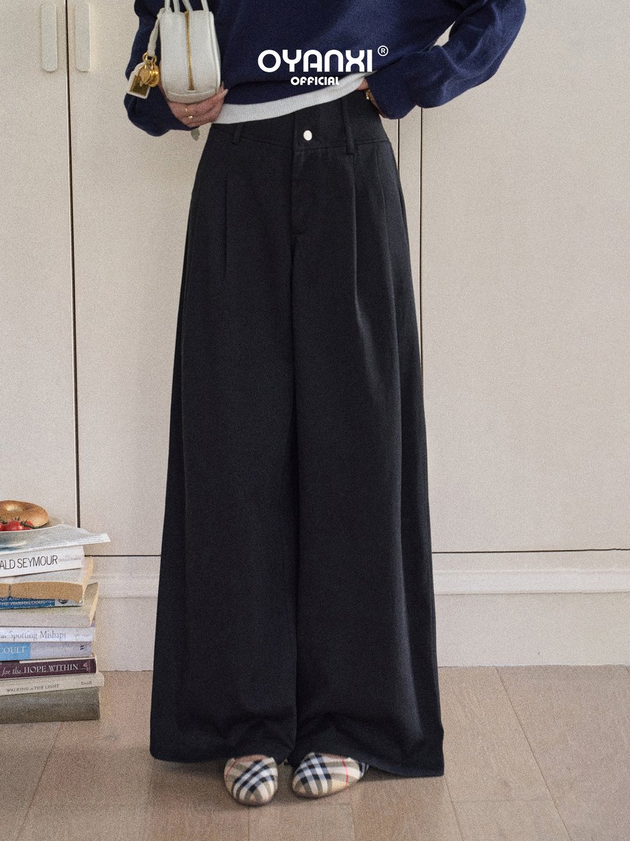 OYANXI タックウエスト とろみ ロング丈 ワイドパンツ