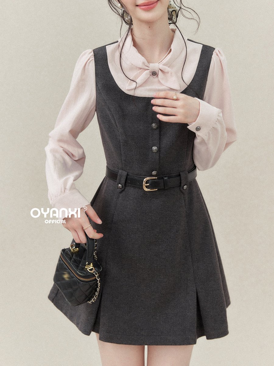 OYANXI スタンドカラー リボン フェイクレイヤード ワンピース