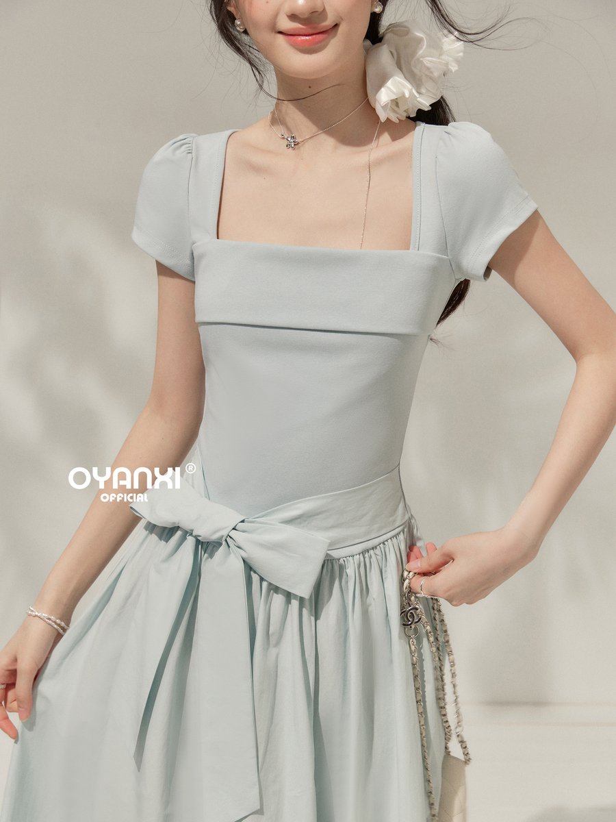 OYANXI スクエアネック パフスリーブ ロングワンピース