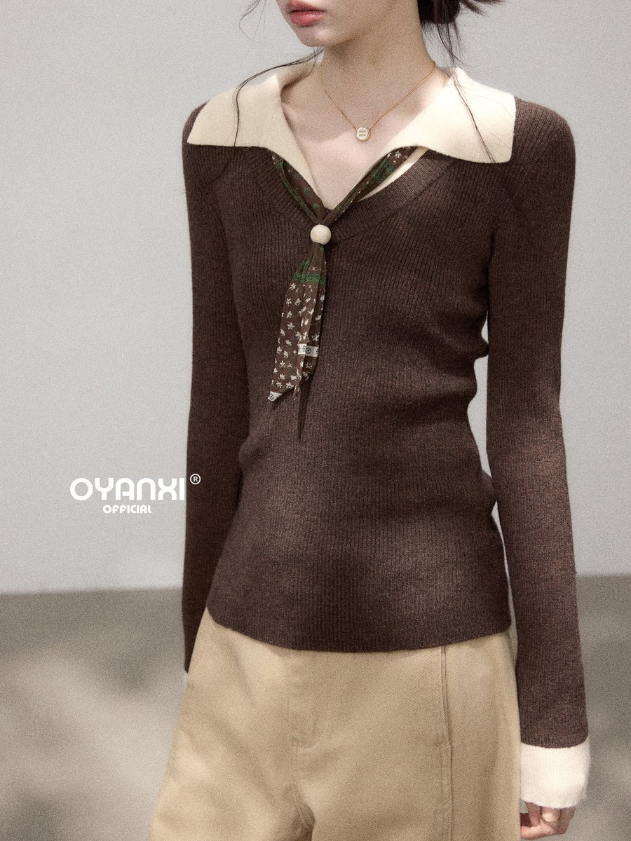 OYANXI バイカラー 襟付き Vネック スカーフ付き ニット