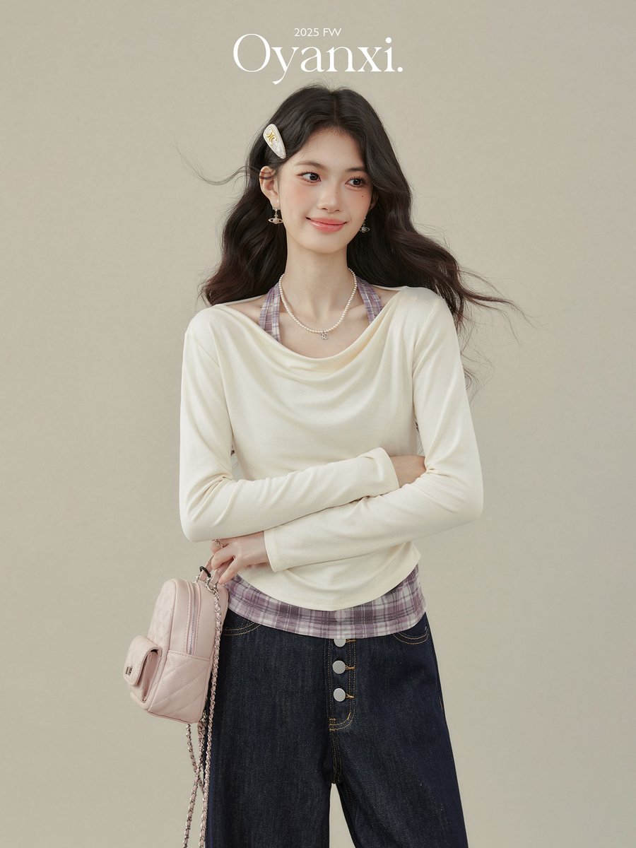 OYANXI ホルターネック ドレープ フェイクレイヤード 長袖Tシャツ