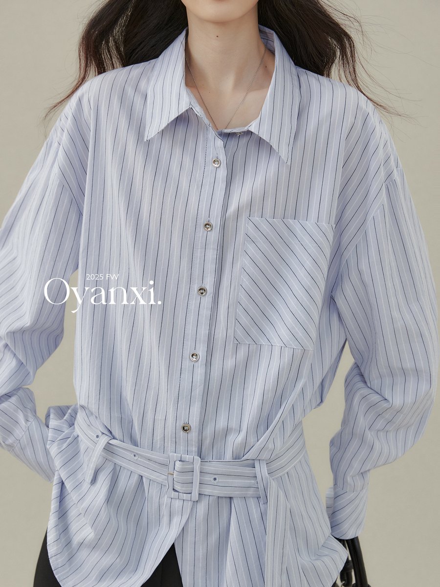 OYANXI ストライプ ゆったり 長袖シャツ ブルー