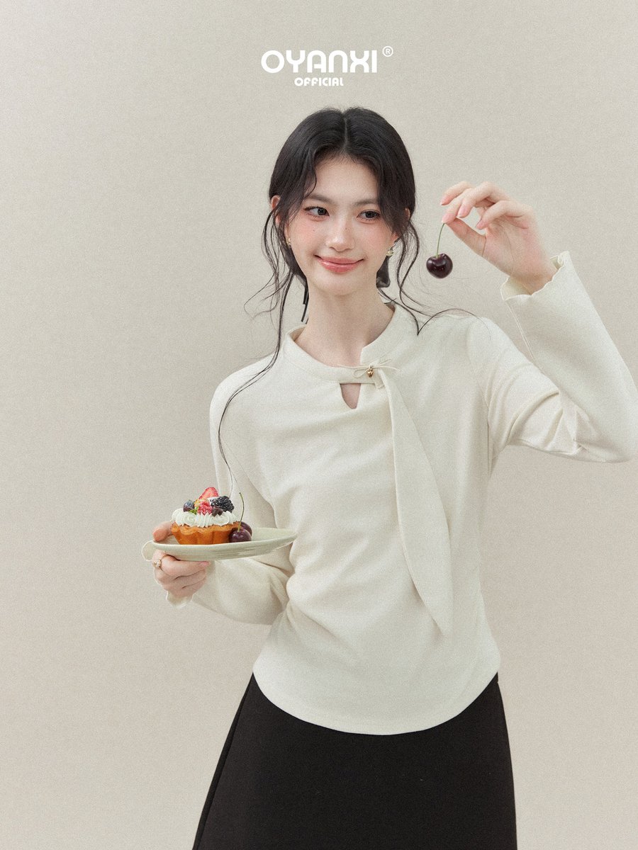OYANXI スタンドカラー 透かし フレア袖 長袖Tシャツ