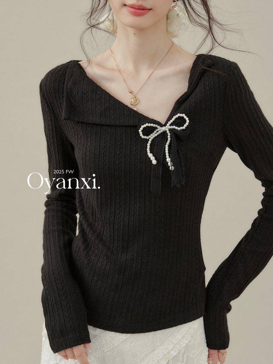 OYANXI リボン 長袖Tシャツ ブラック