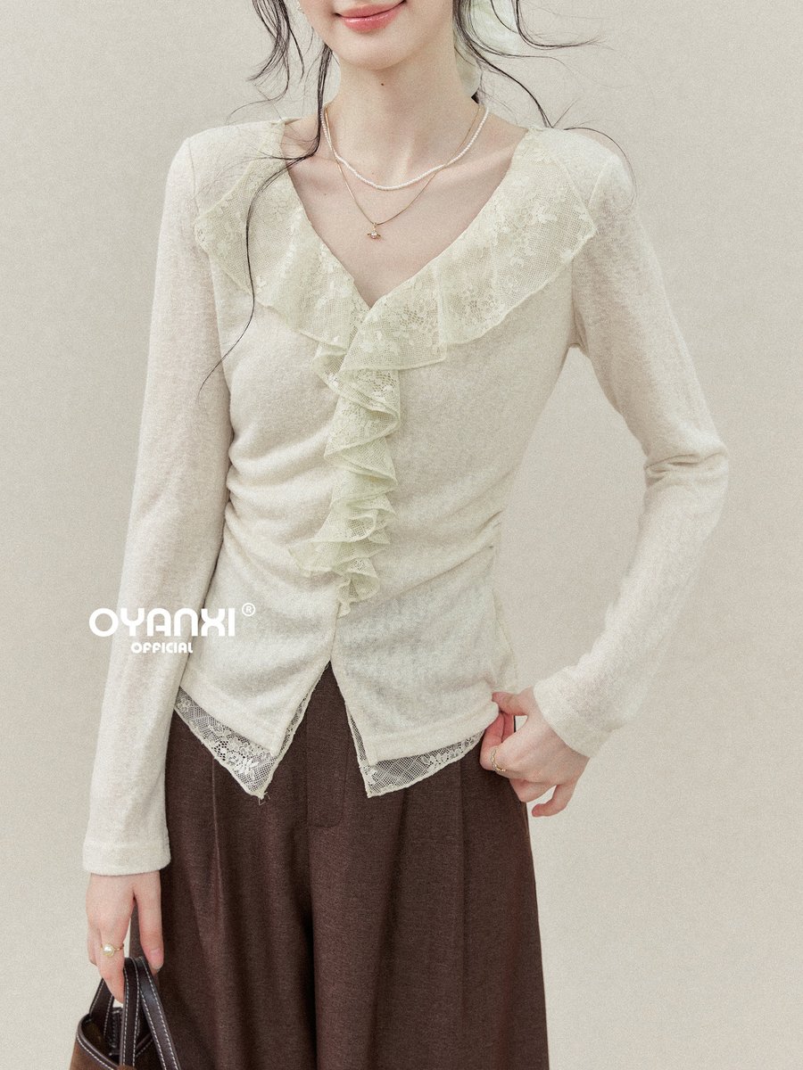 OYANXI レースフリル Vネック アシンメトリーヘム Tシャツ