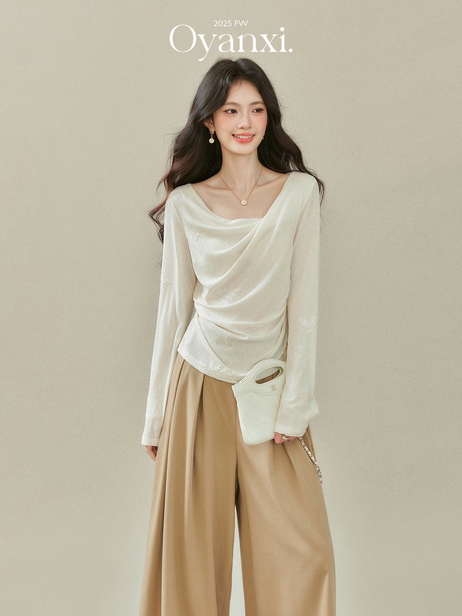 OYANXI デザインネック 長袖Tシャツ アプリコット