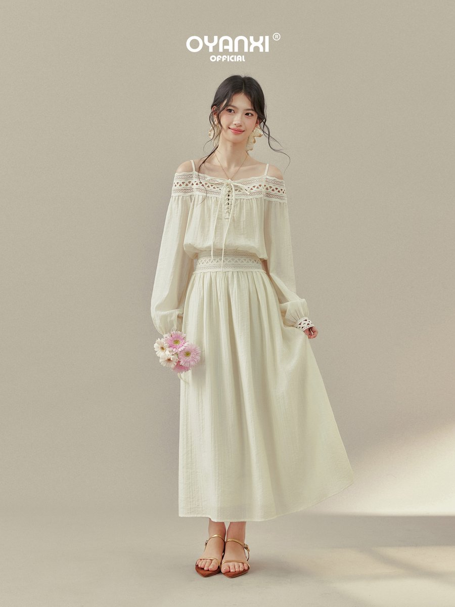 OYANXI 透かしレース オフショルダー キャミワンピース
