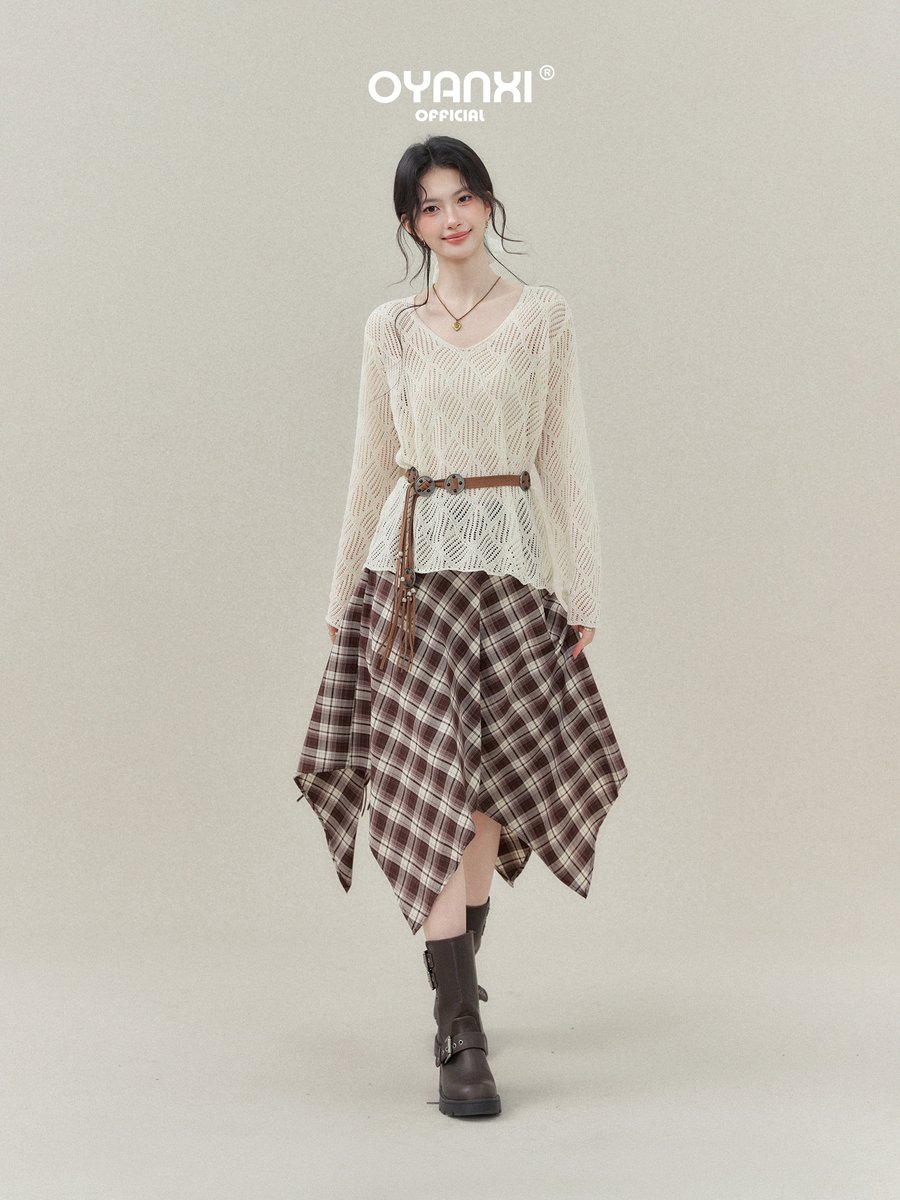 OYANXI ダイヤ柄透かし編み ベルト付き ニットトップス