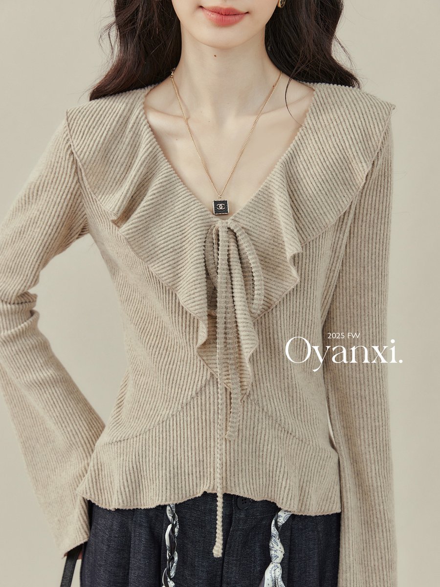 OYANXI フリル リボン フレアスリーブ ニットTシャツ