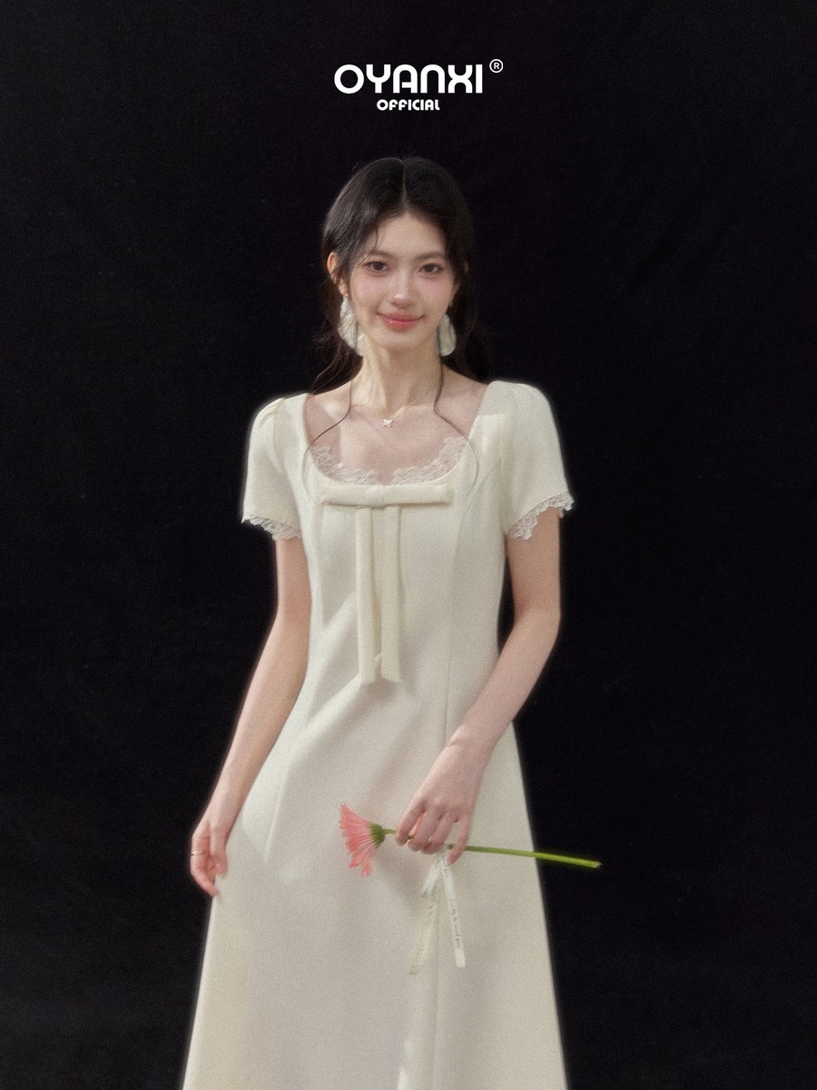 OYANXI レーストリム リボンネック ウエストシェイプ ワンピース