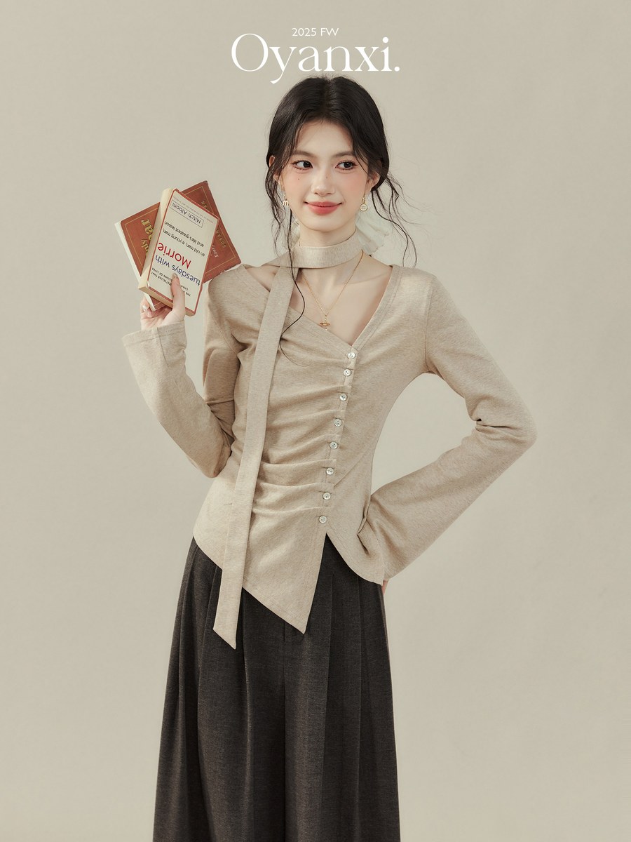 OYANXI ワンショルダー リボン 長袖Tシャツ