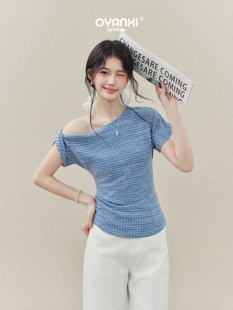 OYANXI ドット柄 アシンメトリー ワンショルダー 半袖Tシャツ