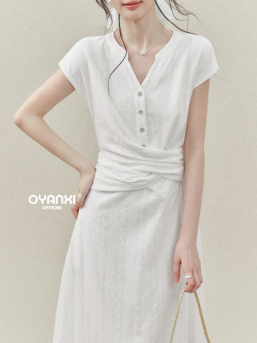 OYANXI Vネック ウエストリボン ロングワンピース