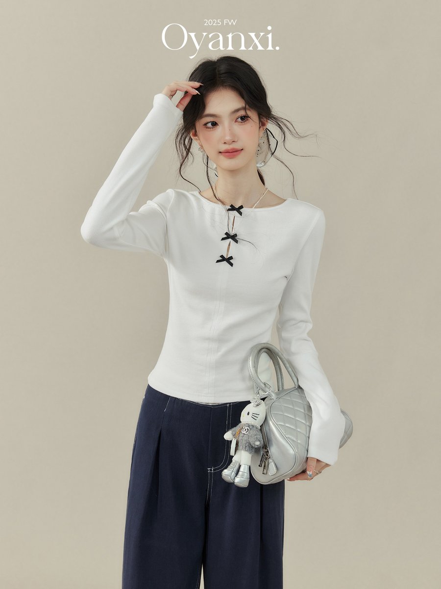 OYANXI リボン すっきりシルエット 長袖Tシャツ