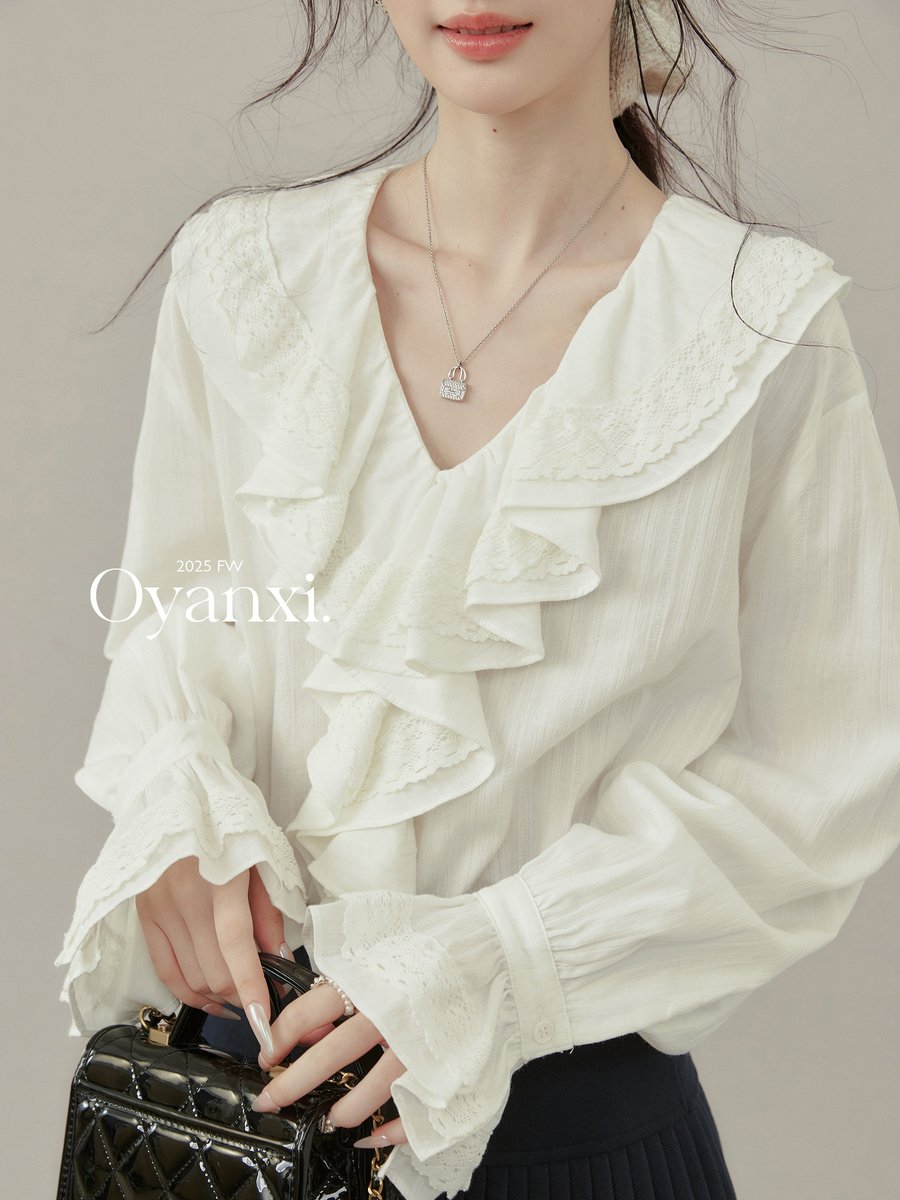 OYANXI フリル Vネック ベルスリーブブラウス